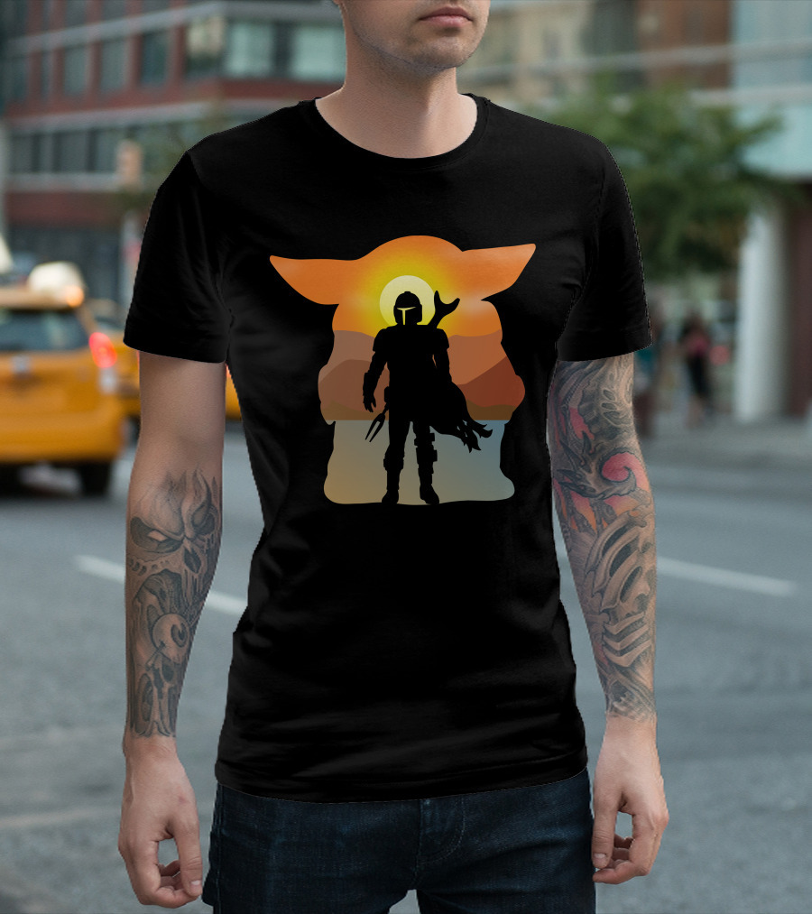 Mando and Child Sunset Silhouette with Mountain Landscape T-Shirt