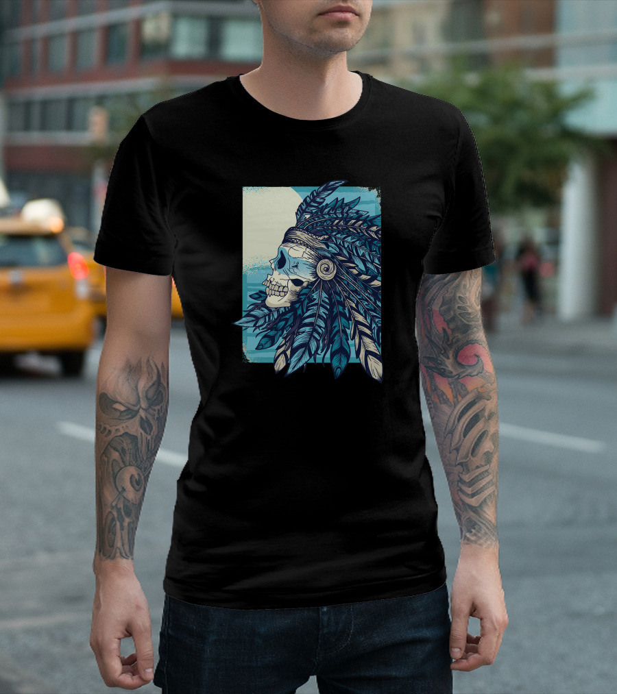Native Skull Feather Headdress Blue T-Shirt