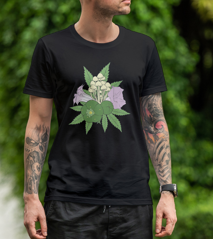 Psychoactive Plants Botanical Compilation Magic Mushrooms Cannabis Datura Peyote T-Shirt