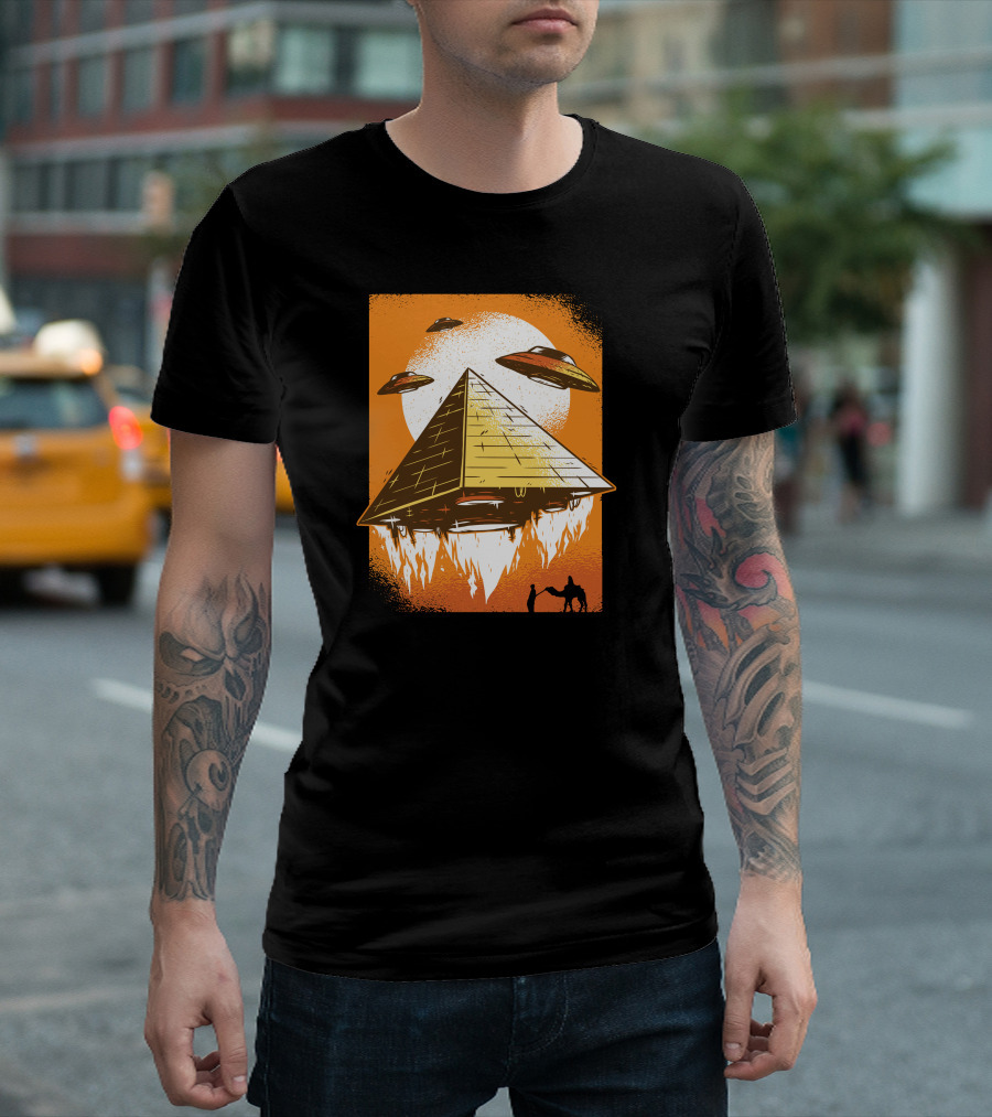 Pyramid UFO Hovering with Flying Saucers and Camel T-Shirt
