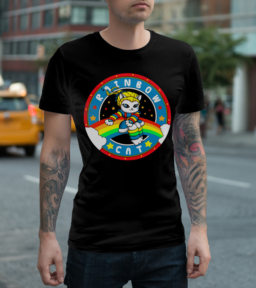 RAINBOW CAT STAR JUMP WITH COLORFUL RAINBOW AND STARS T-Shirt