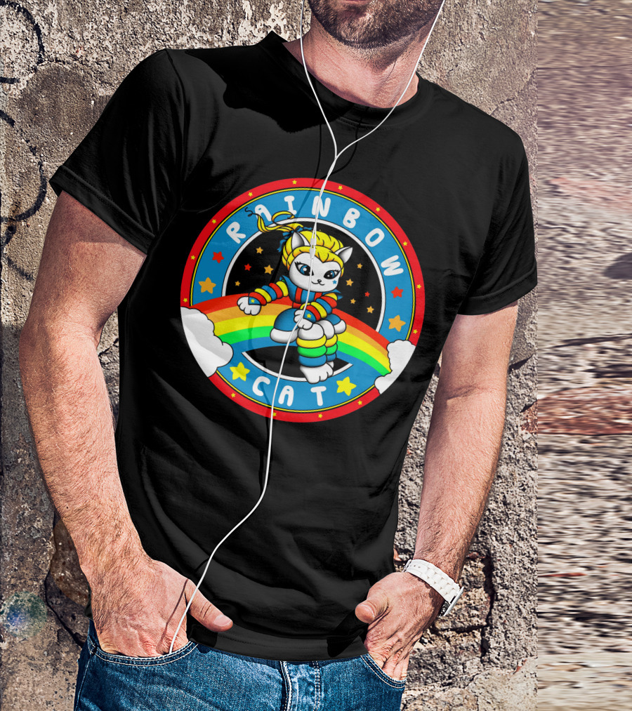 RAINBOW CAT STAR JUMP WITH COLORFUL RAINBOW AND STARS T-Shirt