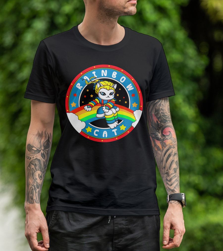 RAINBOW CAT STAR JUMP WITH COLORFUL RAINBOW AND STARS T-Shirt
