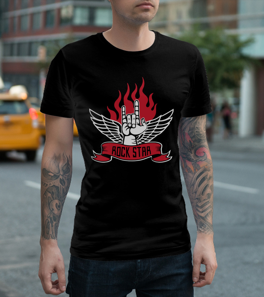 ROCK STAR Hand Wings Flames T-Shirt