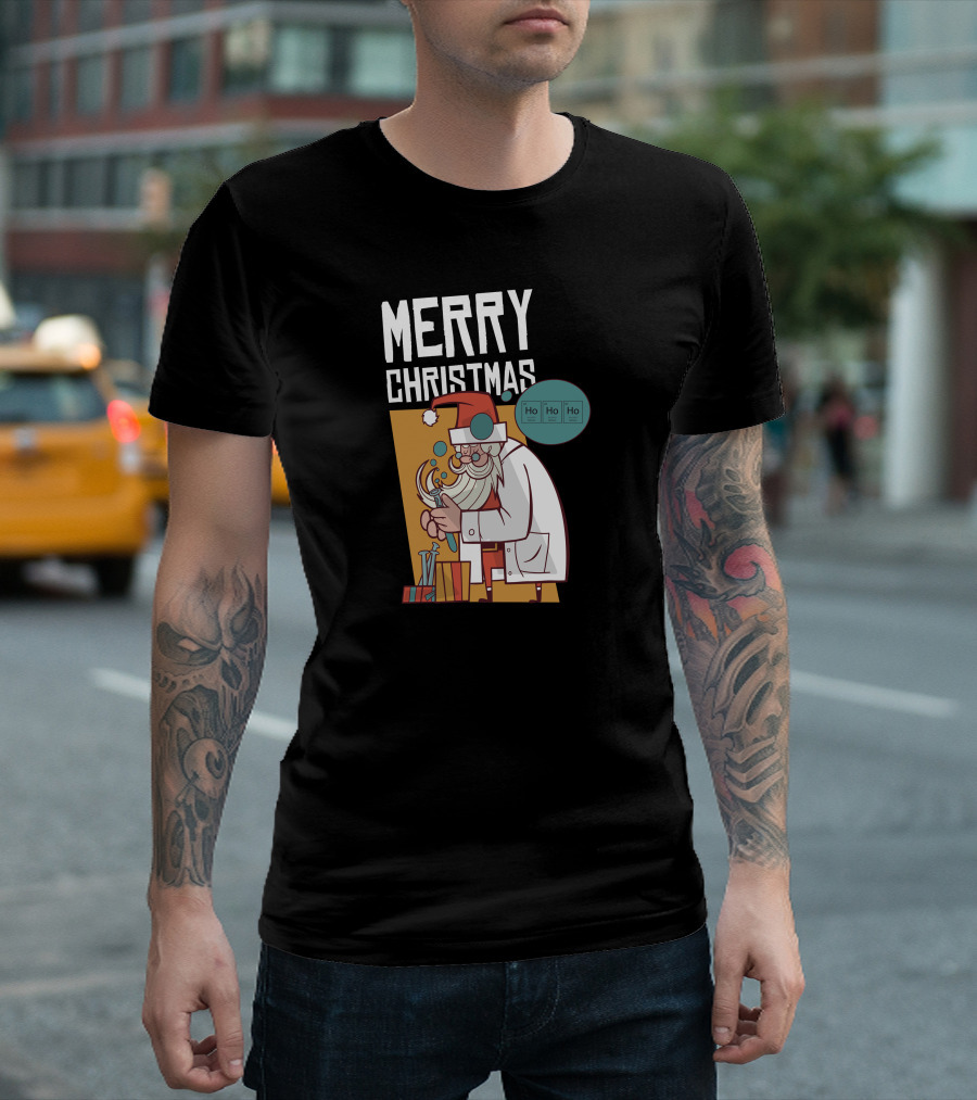 Merry Christmas Santa Scientist With Beaker And Ho Ho Ho Elements T-Shirt