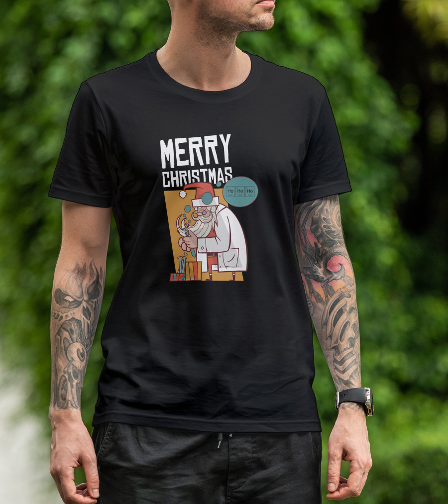 Merry Christmas Santa Scientist With Beaker And Ho Ho Ho Elements T-Shirt