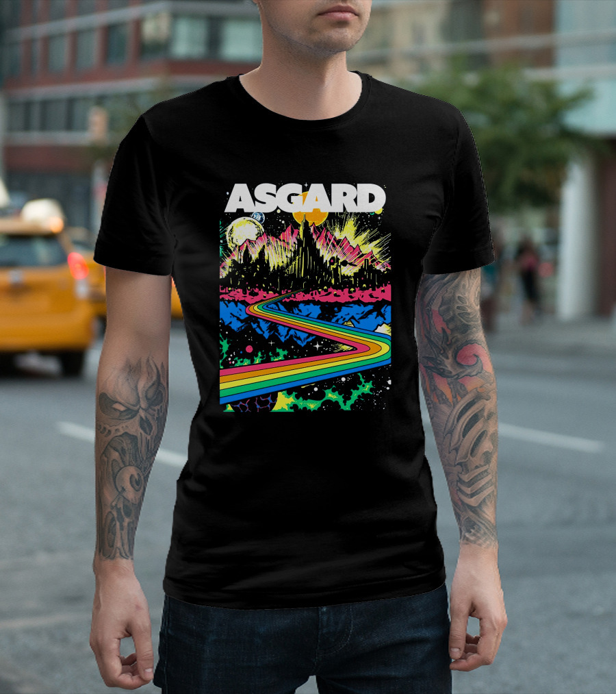 Asgard Cosmic Rainbow Pathway in Vibrant Cosmic Landscape T-Shirt