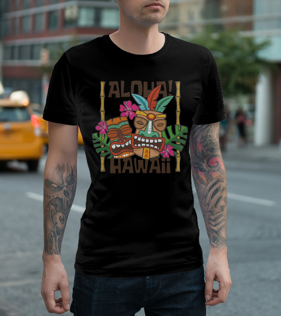 Aloha Hawaii Tiki Masks with Tropical Floral and Bamboo Elements T-Shirt