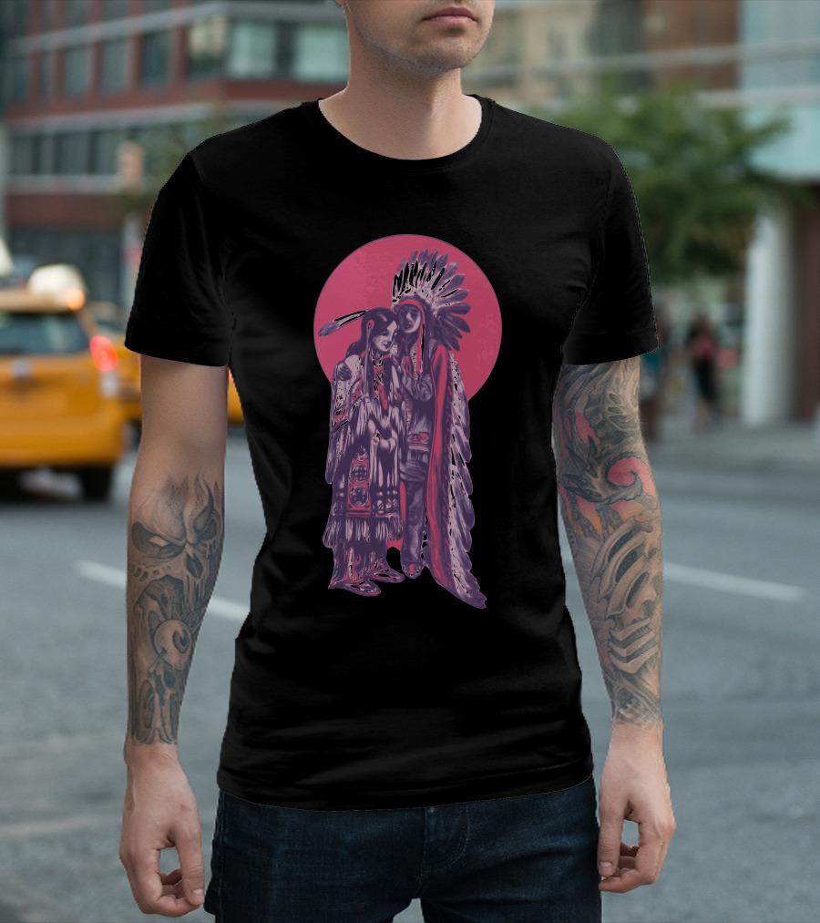 American Indian Chiefs in Traditional Headdress with Pink Sun Background T-Shirt