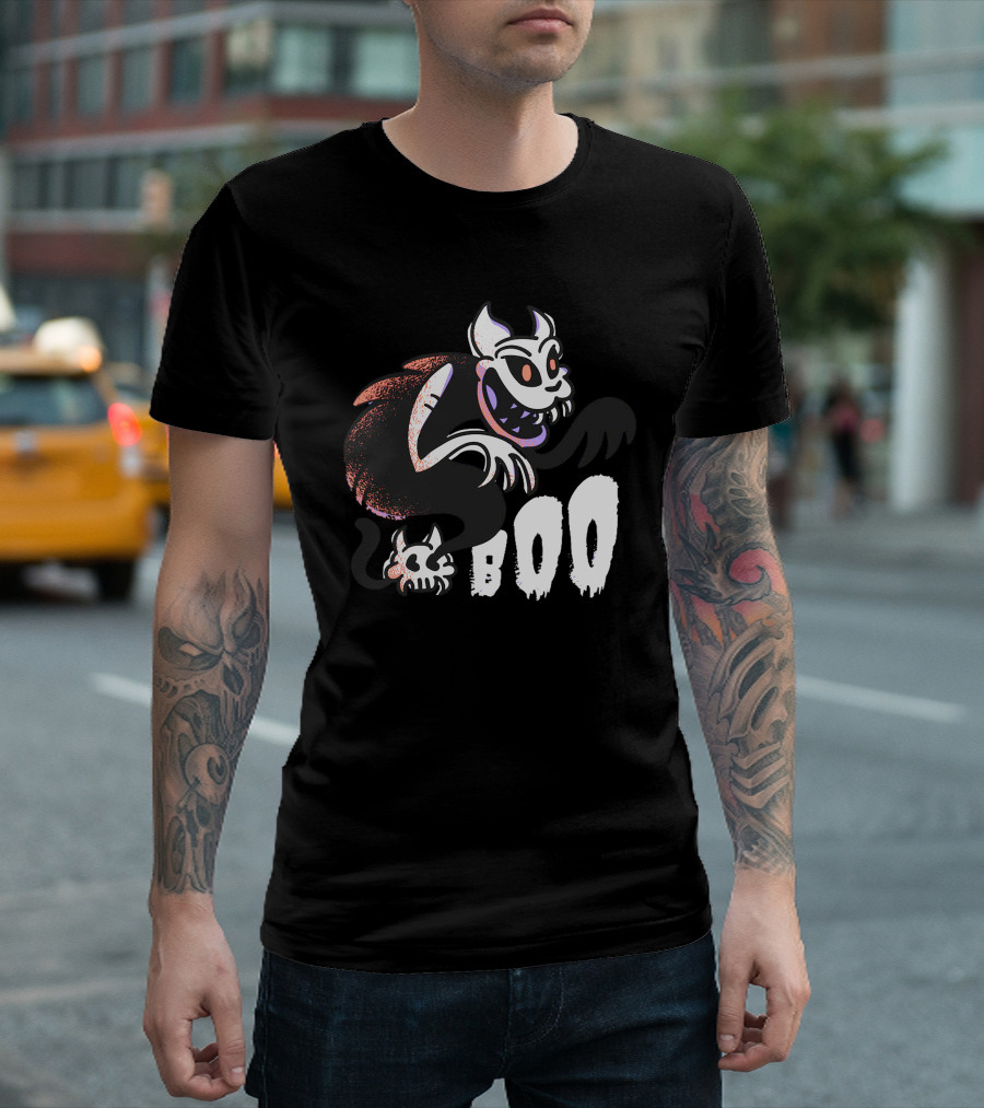 Boo Ghost Cat Halloween Spooky Creature with Fangs T-Shirt
