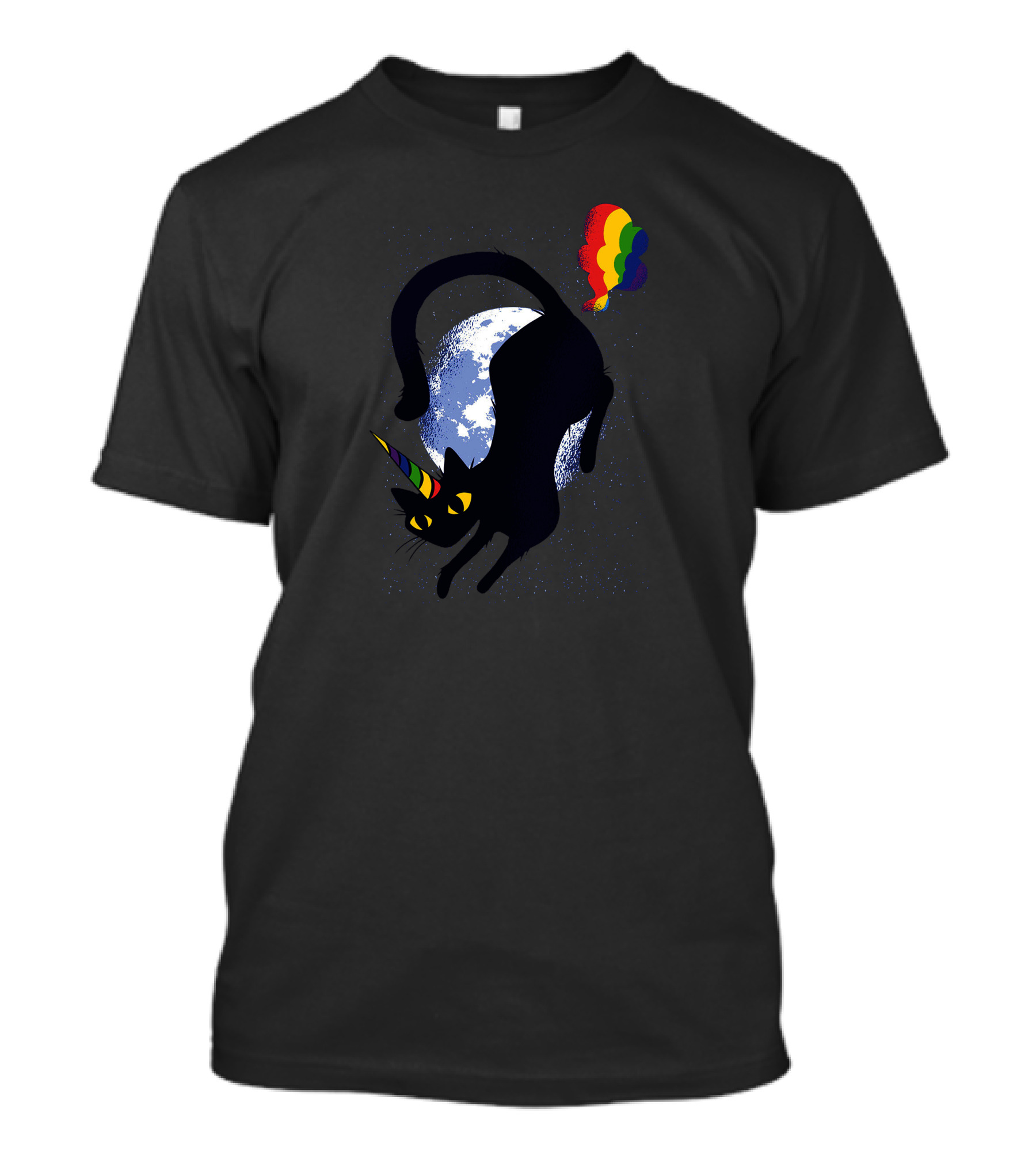 Caticorn Cat Unicorn Black Cat With Rainbow Horn And Balloons With Full Moon Background T-Shirt