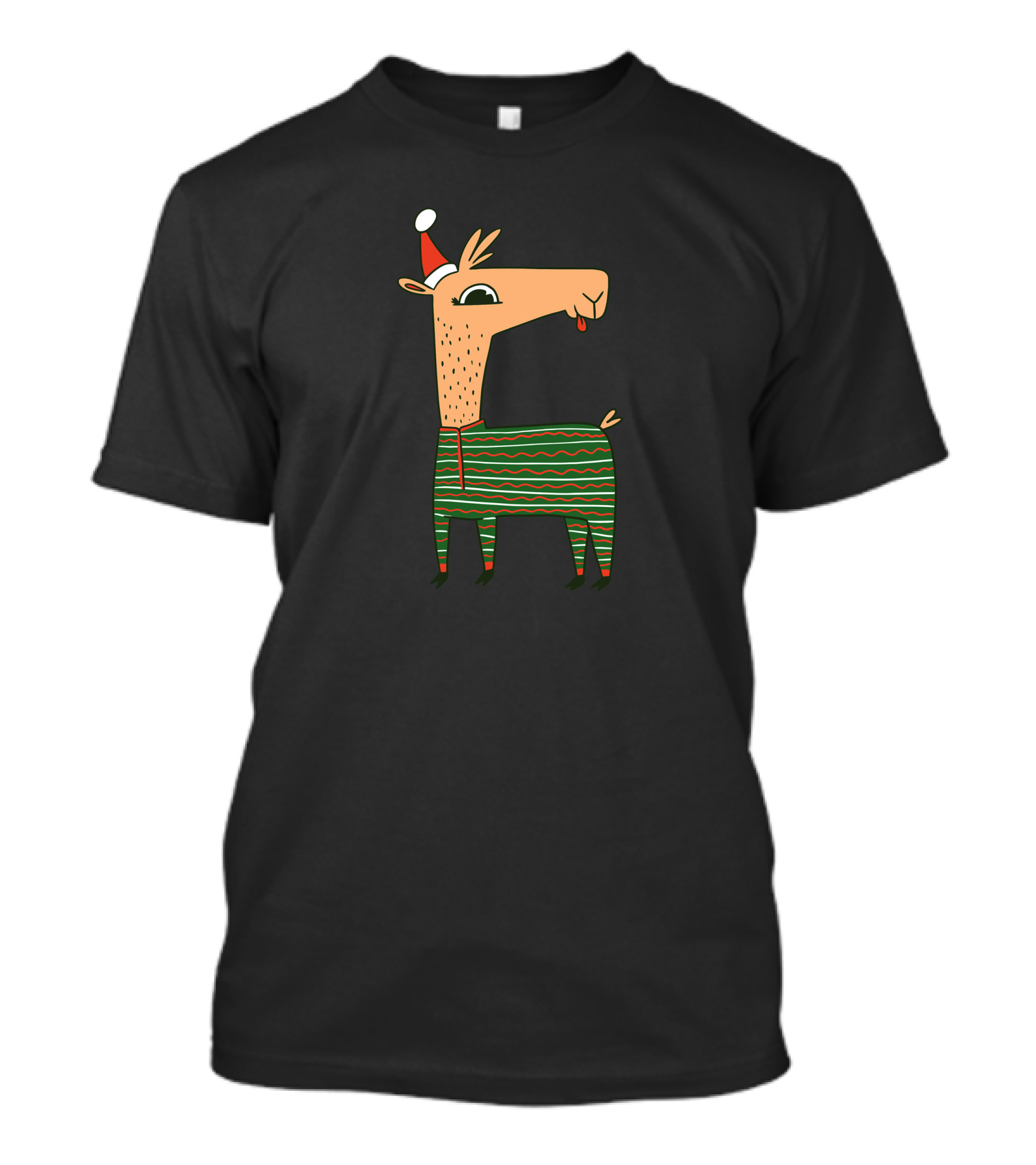 Llama In Santa Hat And Festive Striped T-Shirt