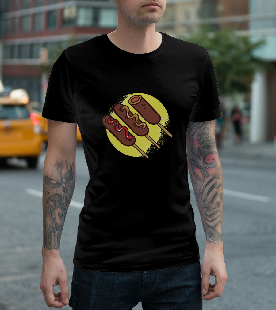 Corn Dogs Trio Delight with Yellow Circle Background T-Shirt