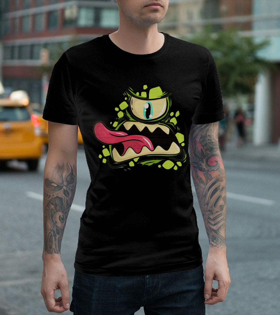Cyclops Monster Cartoon Face With Green Eyeball And Red Tongue T-Shirt