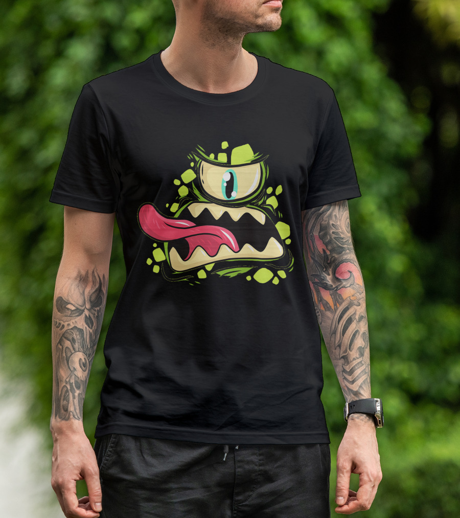 Cyclops Monster Cartoon Face With Green Eyeball And Red Tongue T-Shirt