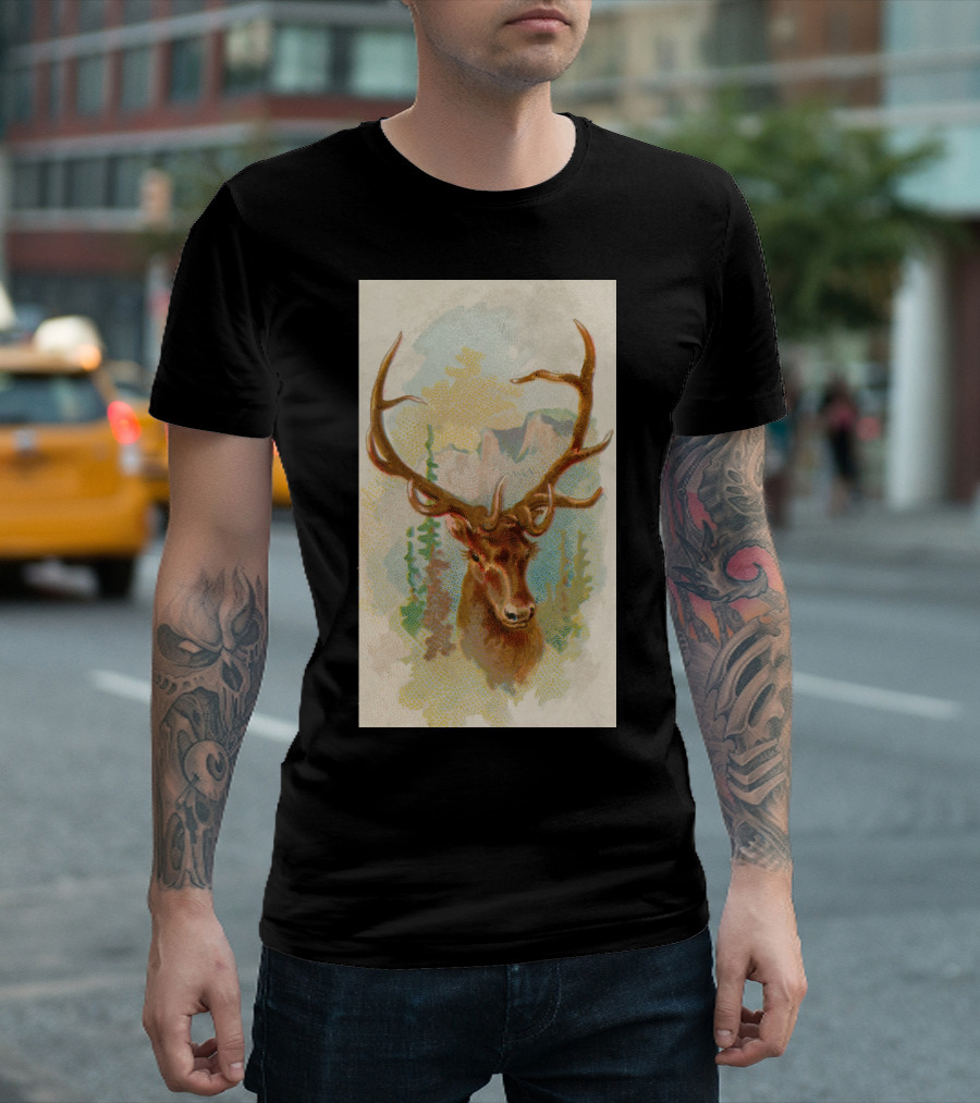 Deer Picture Nature Scene with Antlers and Mountain Background T-Shirt