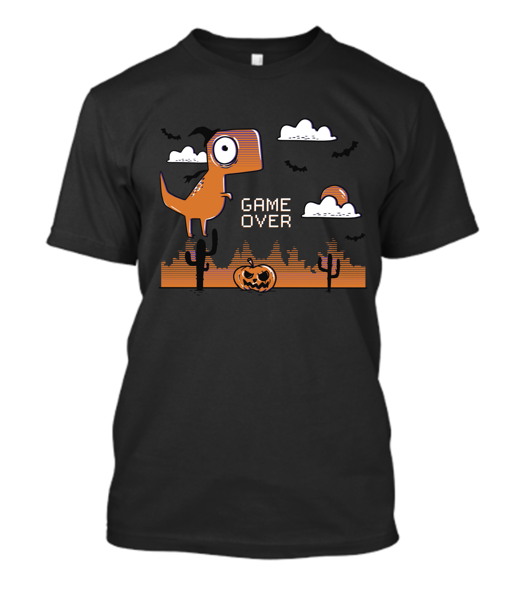 Game Over Dinosaur Halloween Pumpkin Retro Gaming Clouds T-Shirt