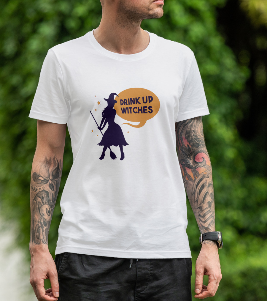 Drink Up Witches Halloween Silhouette With Broom And Stars T-Shirt
