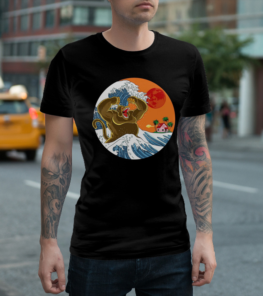 Great Monster from Kanagawa Wave with Island House and Red Sun T-Shirt