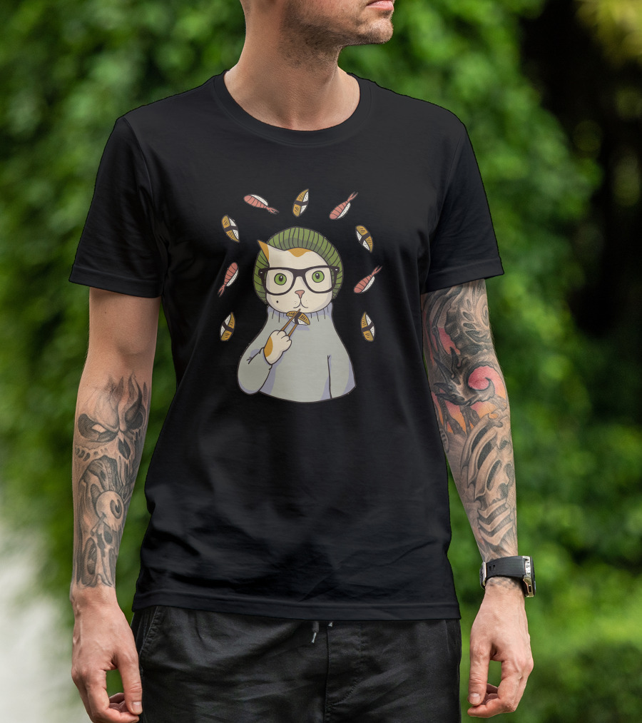 Hipster Sushi Cat With Beanie Glasses And Fish T-Shirt
