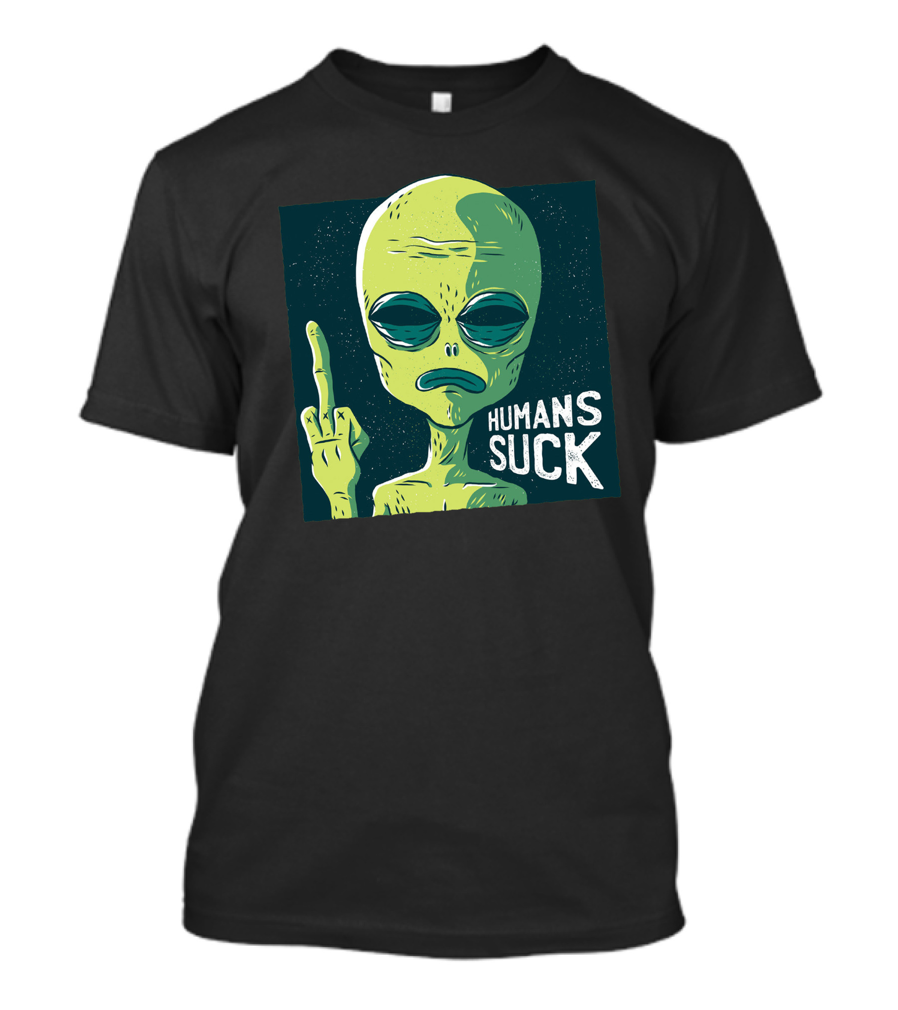 Alien Middle Finger Graphic With 'Humans Suck' Text T-Shirt