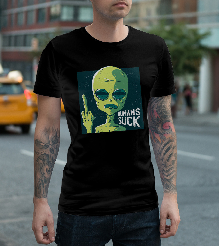 Alien Middle Finger Graphic With 'Humans Suck' Text T-Shirt