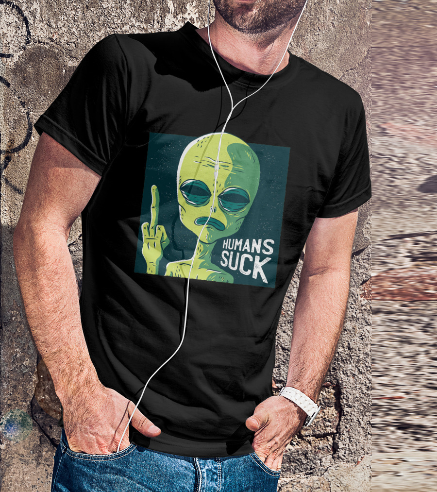 Alien Middle Finger Graphic With 'Humans Suck' Text T-Shirt