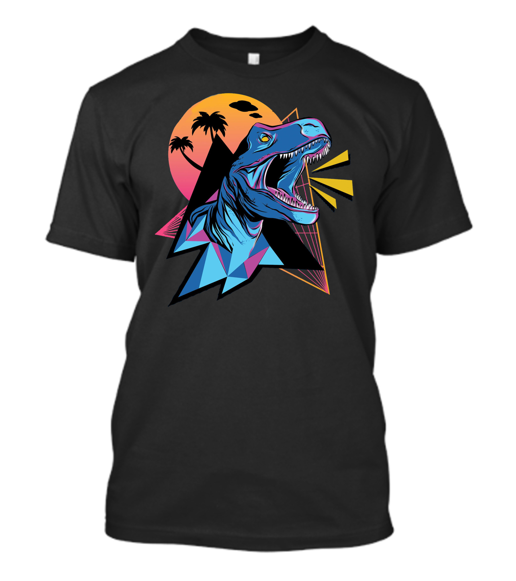 Neon Dinosaur Retro Sunset Palm Triangles T-Shirt