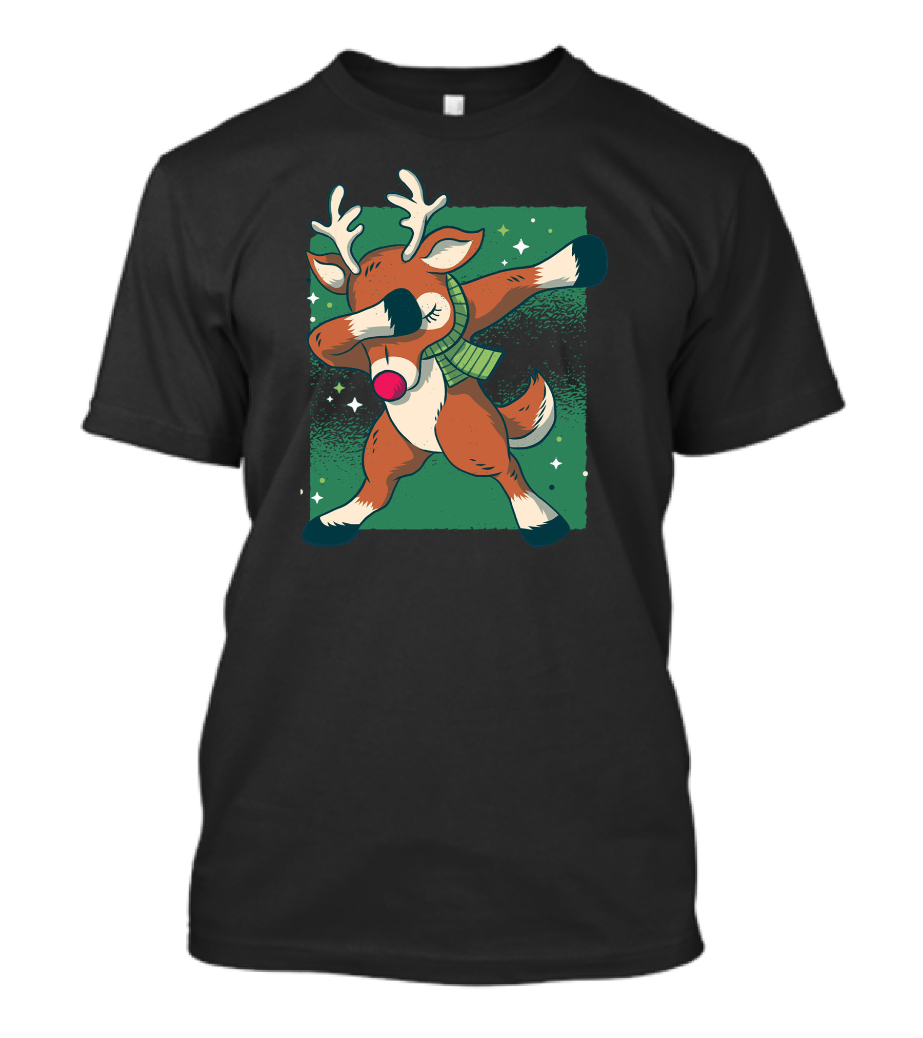Reindeer Holiday Dab Dance Antlers Red Nose Green Scarf Snowflakes T-Shirt