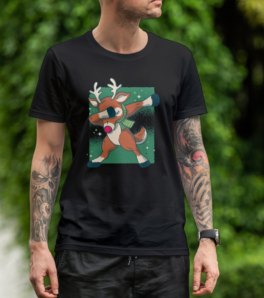Reindeer Holiday Dab Dance Antlers Red Nose Green Scarf Snowflakes T-Shirt