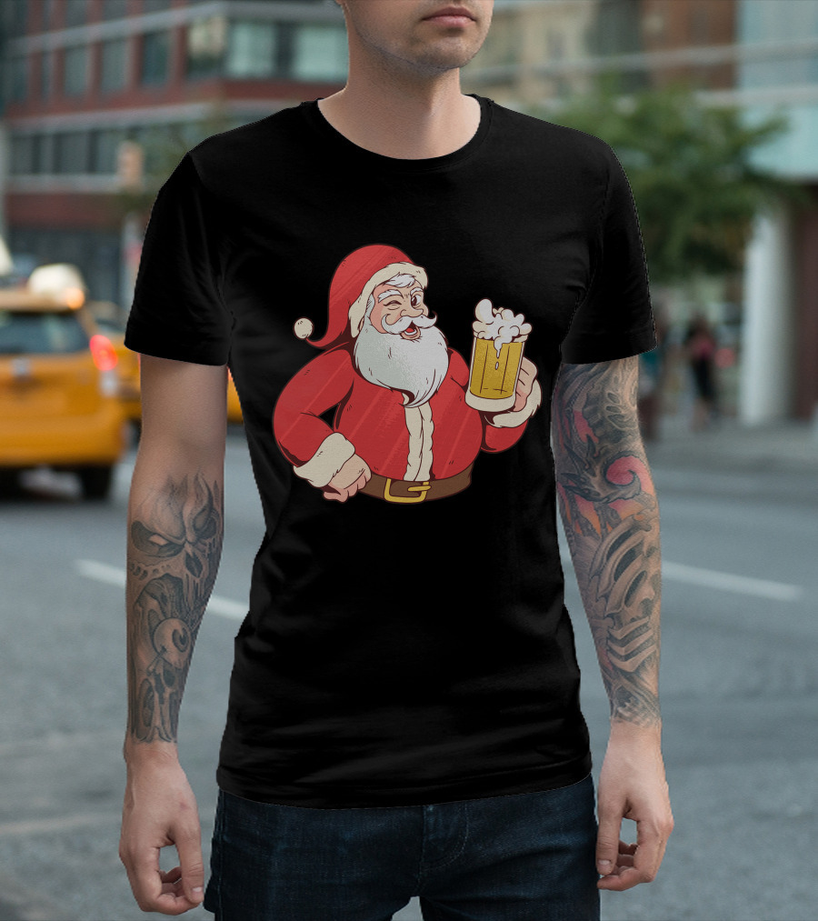 Santa Claus Holding Beer Mug Winking T-Shirt
