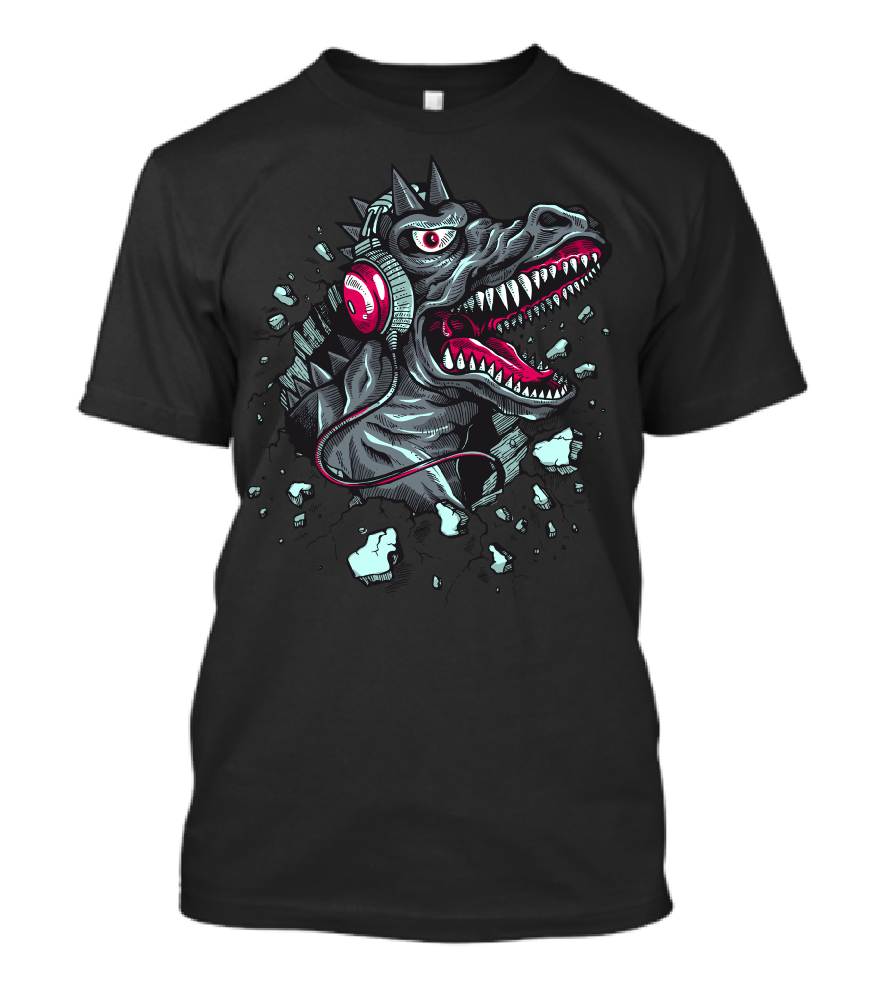 Tyrannosaurus Dinosaur With Headphones Breaking Through Wall Cartoon T-Shirt