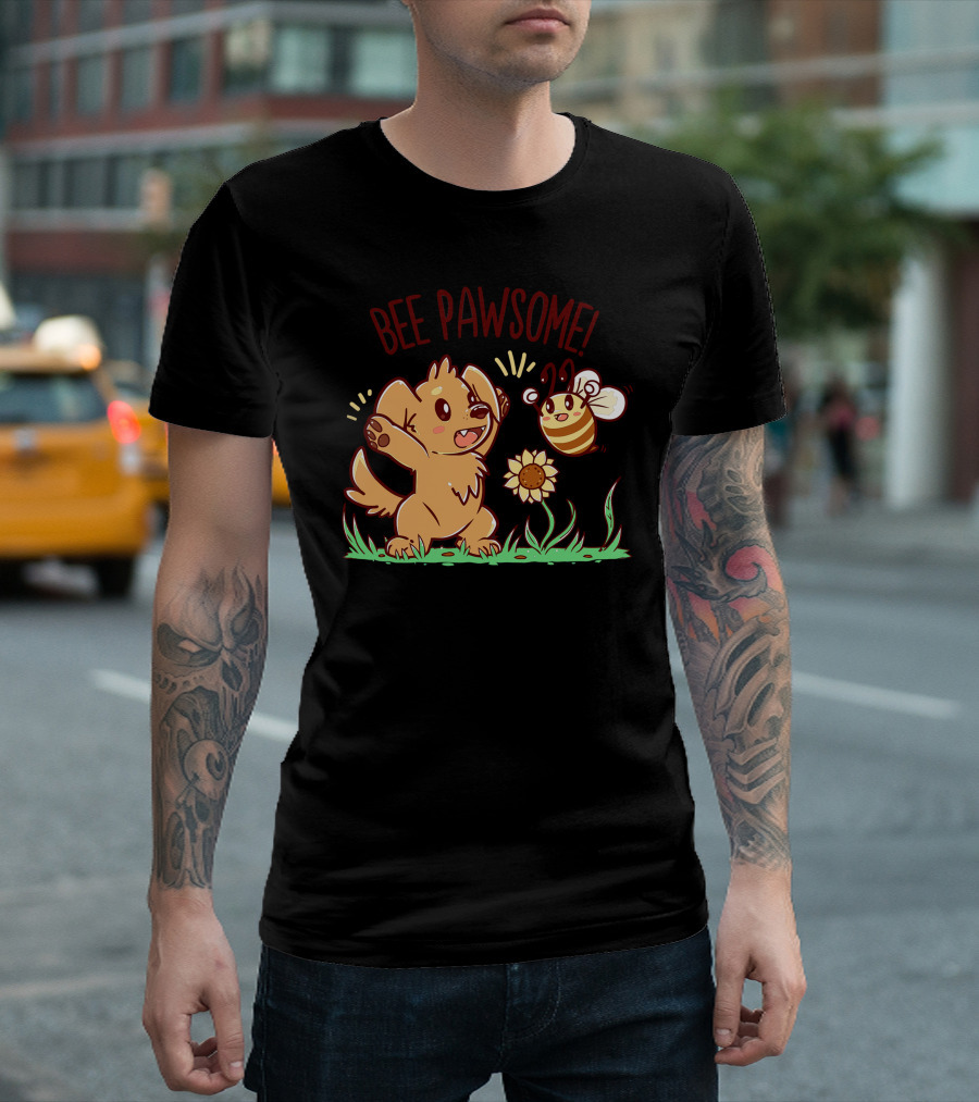 BEE PAWSOME Playful Dog And Happy Bee In Grass With Sunflower T-Shirt
