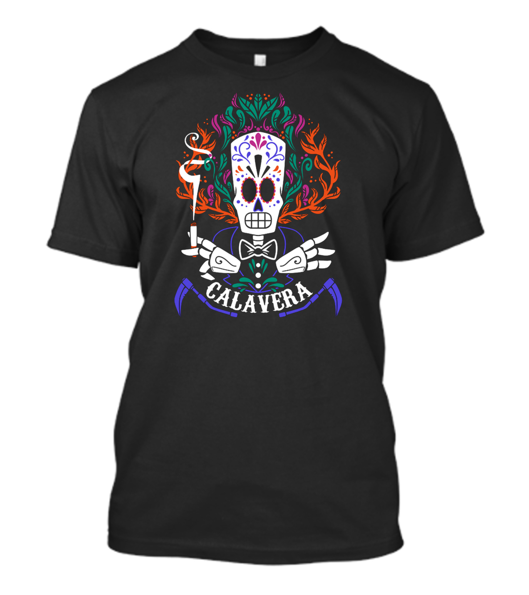 Calavera Skeleton Smoking With Colorful Floral Wreath And Crossed Scythes T-Shirt