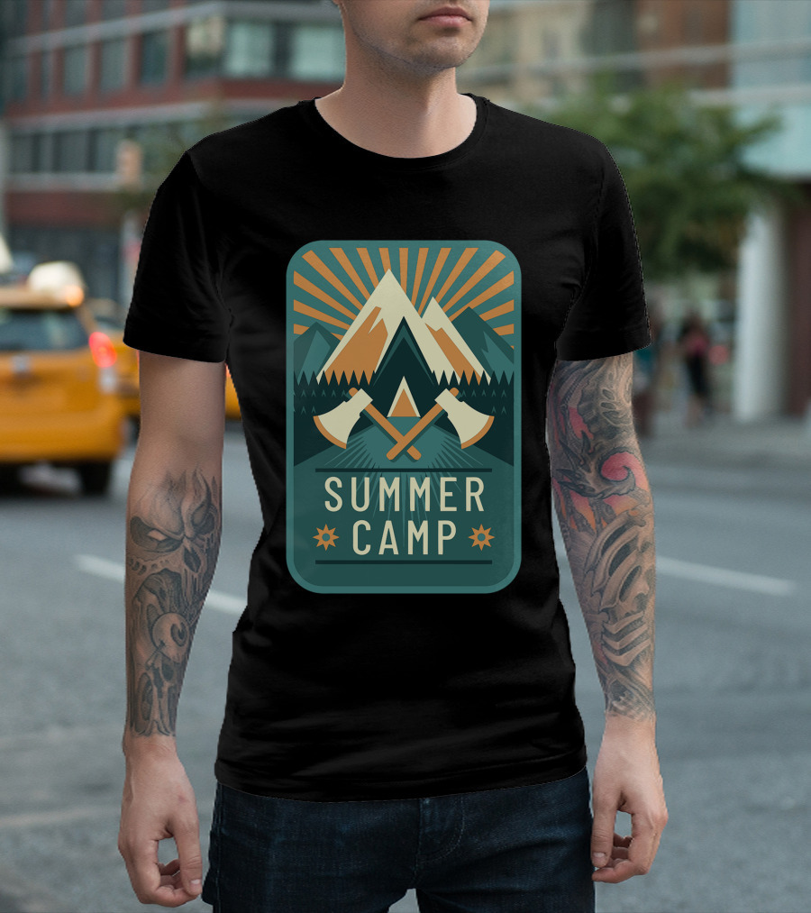 Summer Camp Mountains Adventure Axes Sunburst T-Shirt