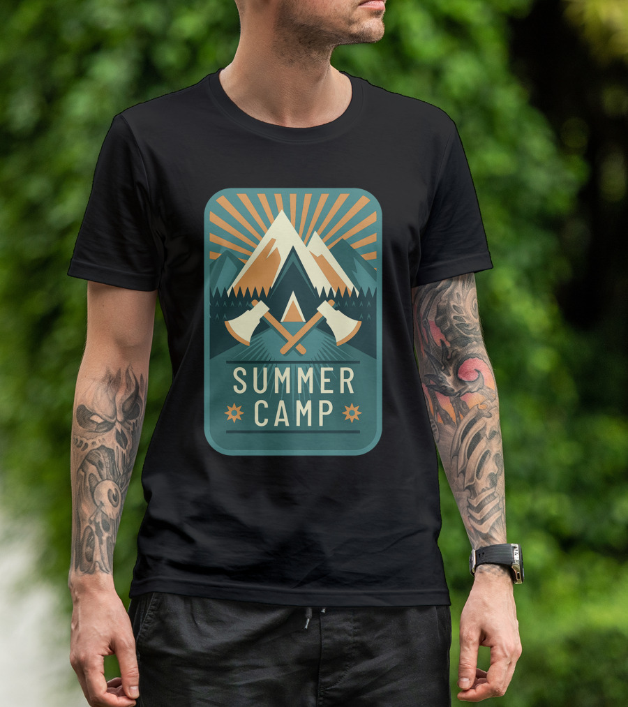 Summer Camp Mountains Adventure Axes Sunburst T-Shirt
