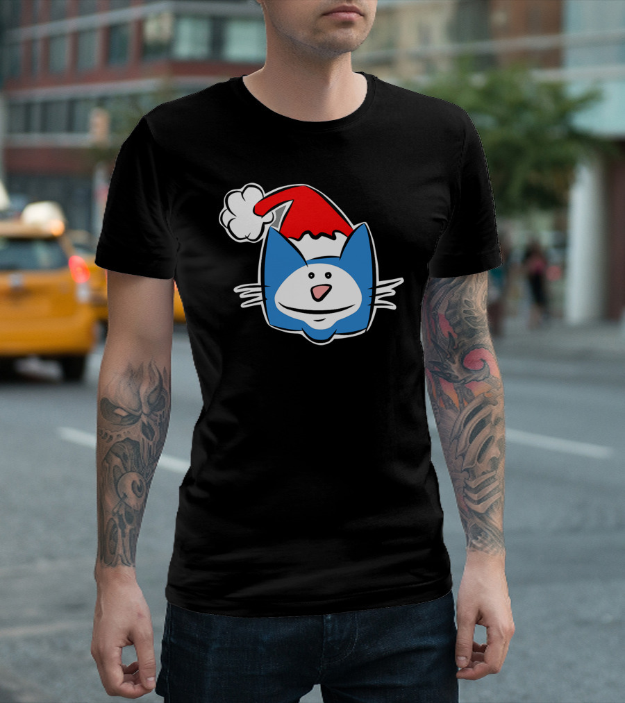 Christmas Cat With Santa Hat Blue Cartoon T-Shirt