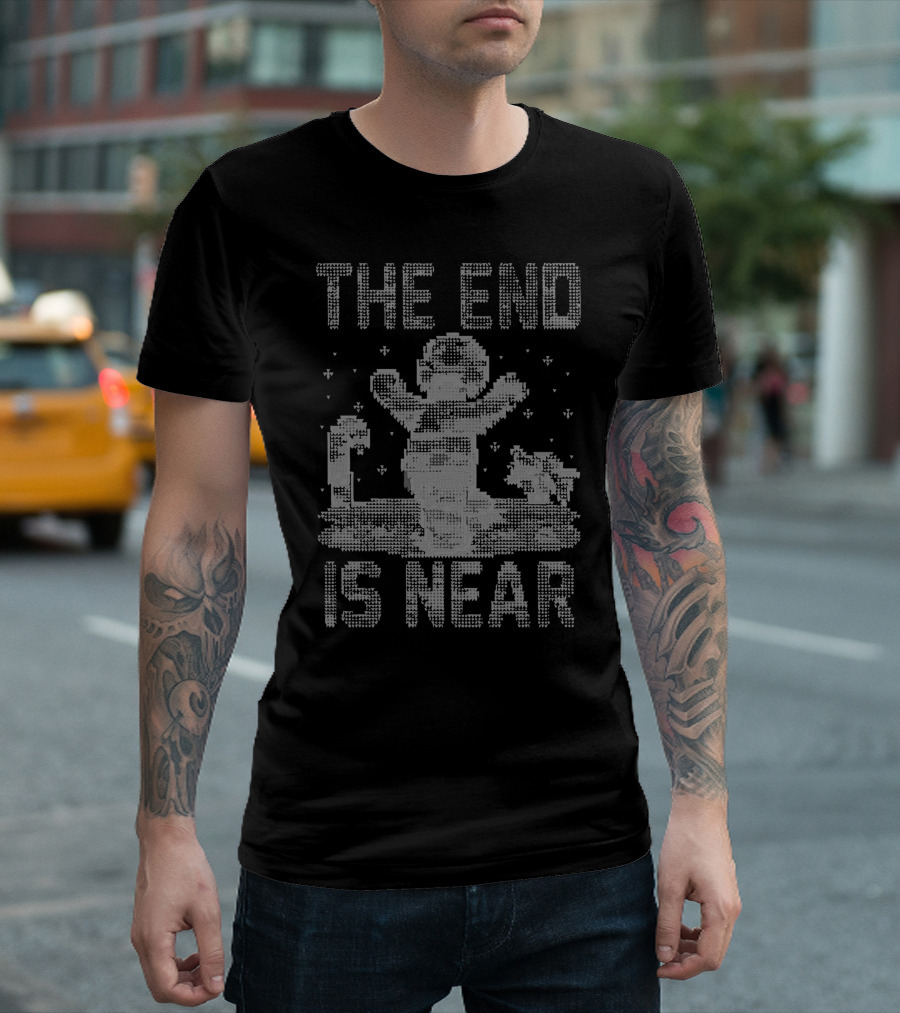 The End Is Near Pixelated Snowman With Stars and Graveyard Scene T-Shirt