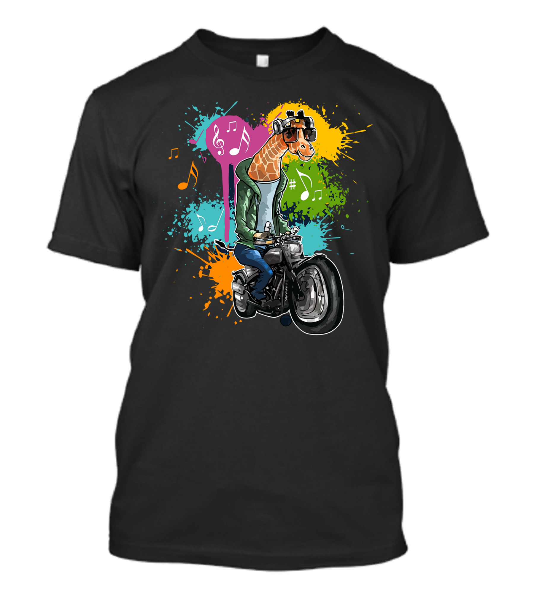Cool Rider Giraffe On Motorcycle With Musical Notes And Colorful Splashes T-Shirt