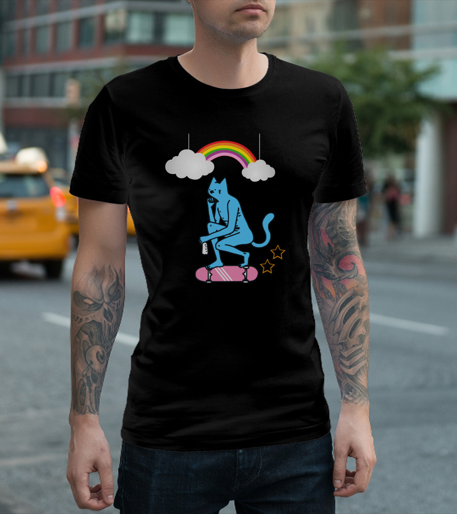 Coolest Cat Skating Under Rainbow Clouds with Stars T-Shirt