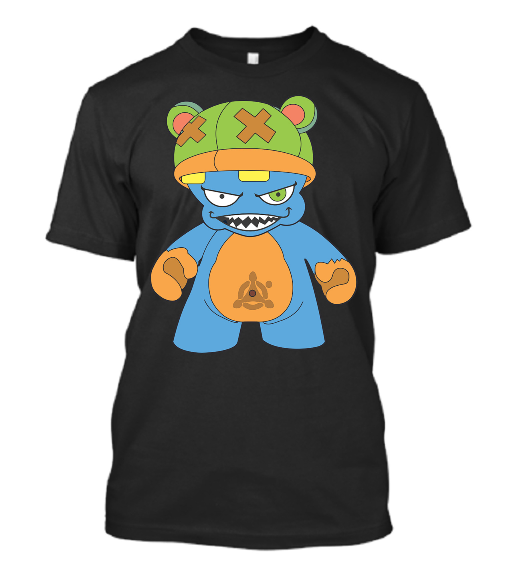 Evil New Iii Bear Character With Green Cross-Eyed Hat And Blue Body T-Shirt