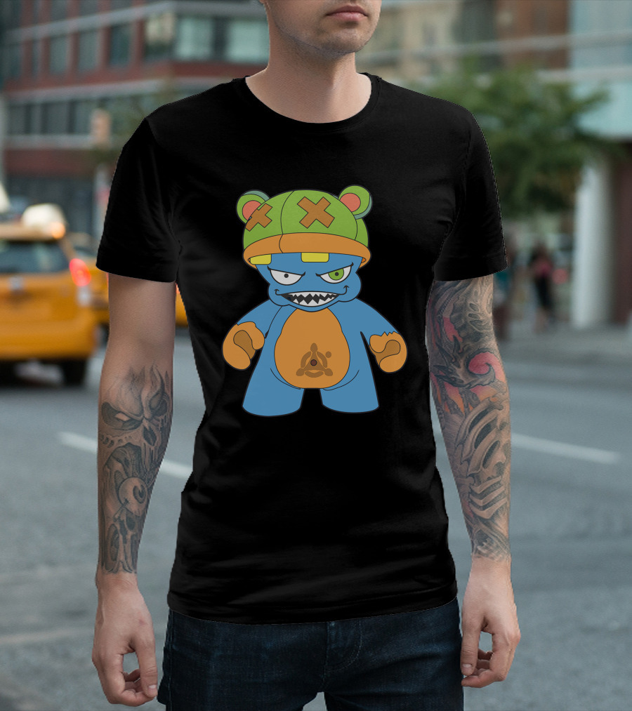 Evil New Iii Bear Character With Green Cross-Eyed Hat And Blue Body T-Shirt