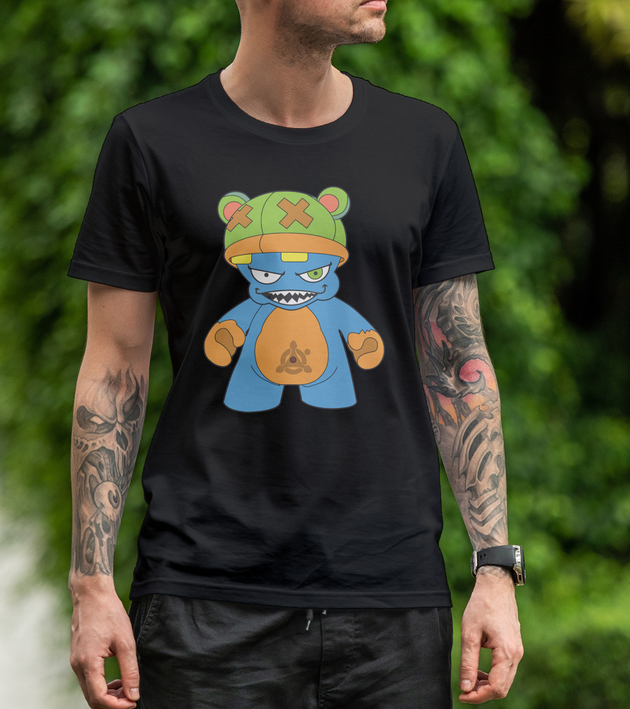 Evil New Iii Bear Character With Green Cross-Eyed Hat And Blue Body T-Shirt