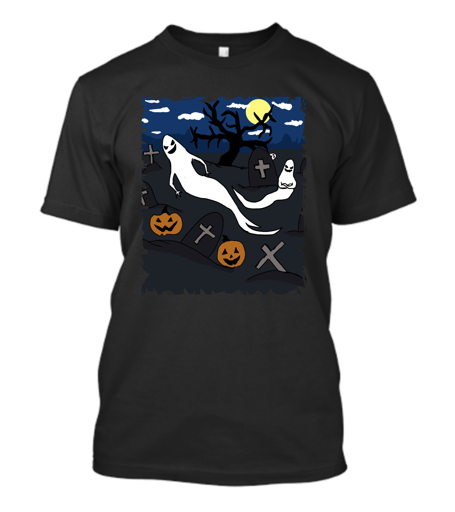 Halloween Day Ghosts In Spooky Graveyard With Pumpkins And Full Moon T-Shirt