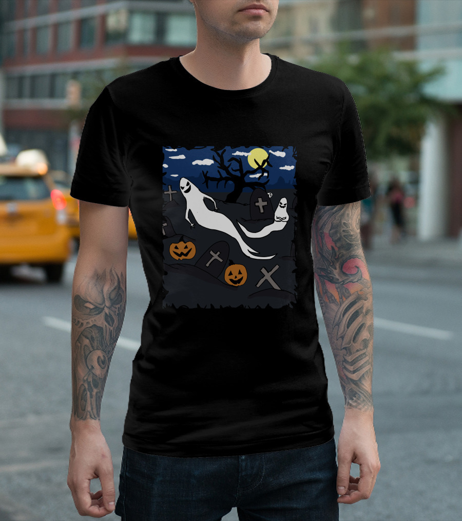 Halloween Day Ghosts In Spooky Graveyard With Pumpkins And Full Moon T-Shirt