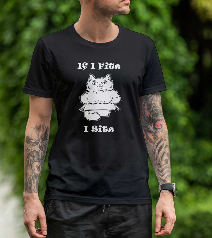 If I Fits I Sits Cat Box Cute Fluffy Feline In Small Carton T-Shirt