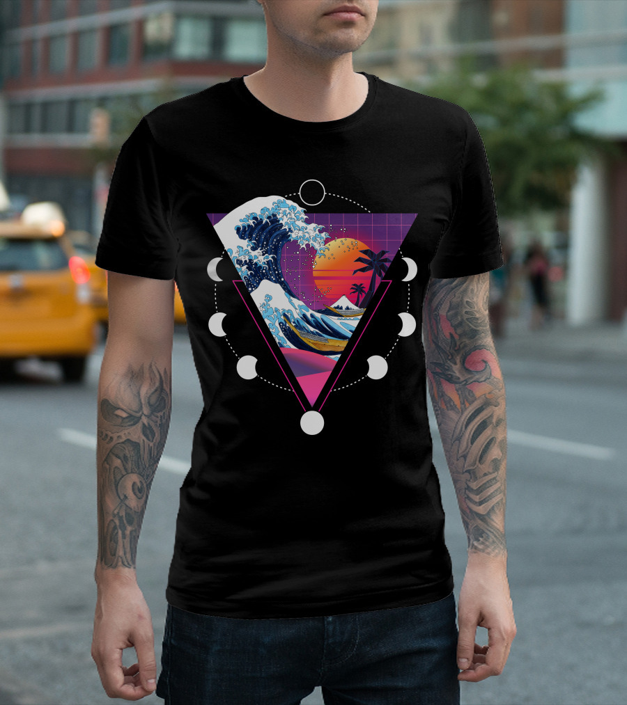 Kanagawa Oki Nami Ura Great Wave Synthwave Sun Collage T-Shirt
