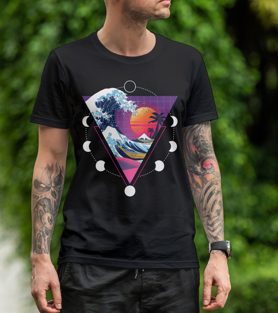 Kanagawa Oki Nami Ura Great Wave Synthwave Sun Collage T-Shirt