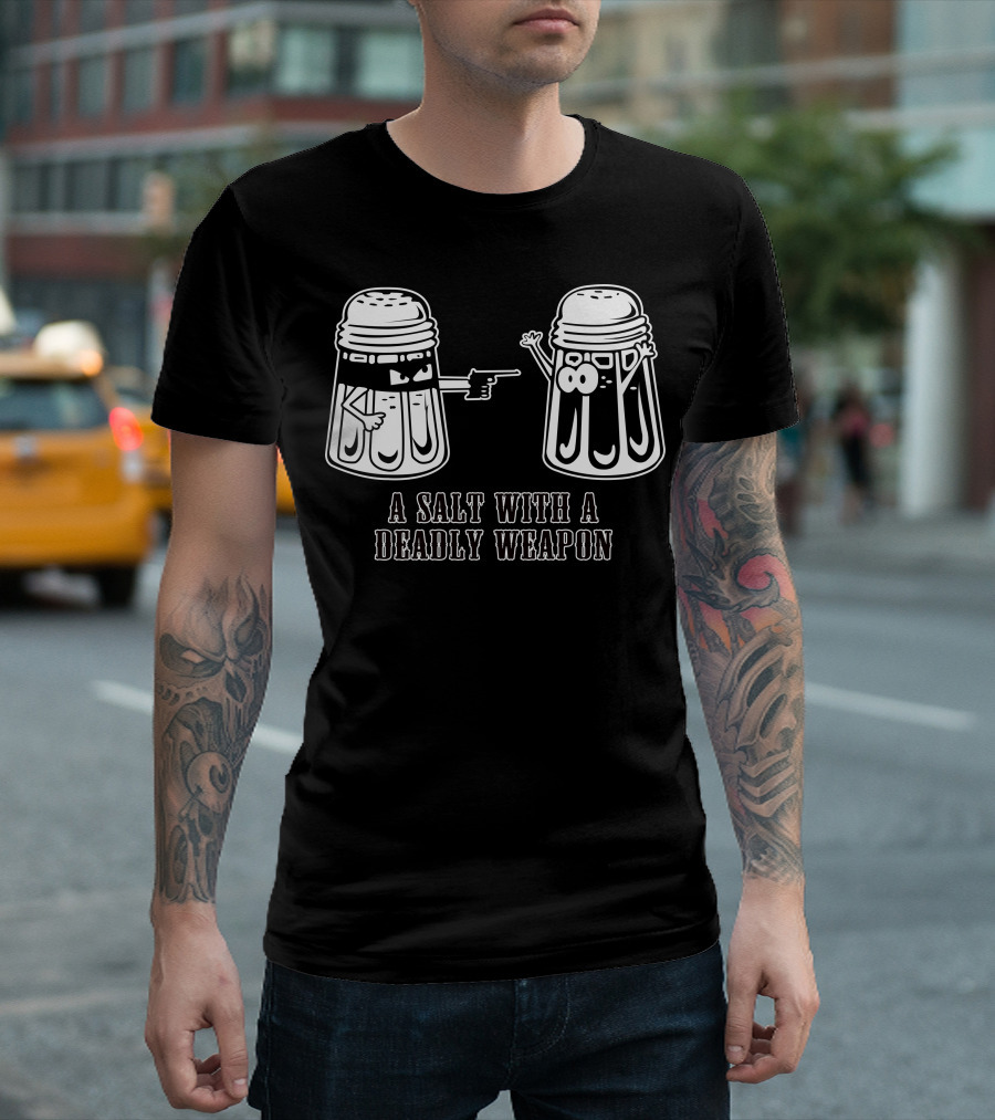 A Salt With A Deadly Weapon: Cartoon Salt Shakers And Gun T-Shirt
