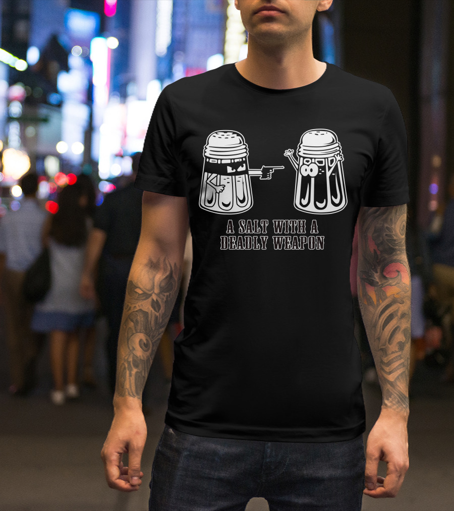 A Salt With A Deadly Weapon: Cartoon Salt Shakers And Gun T-Shirt